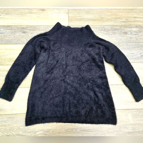 Loft Womens Sweater Small Black Faux Fur Fuzzy Mock Neck Essential Tunic size sm - Picture 1 of 7